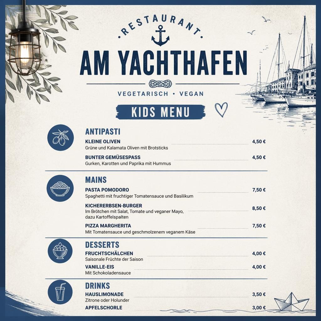 A4-Kinderkarte für Restaurant am Yachthafen im Industrial-Loft-Stil, Blau-Creme, vegane und vegetarische Gerichte.