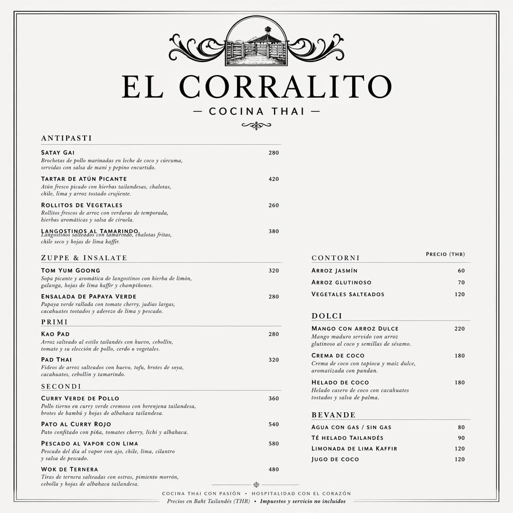 Tarjeta de menú A4 vertical de el corralito menu, estilo tailandés de lujo, monocroma, con encabezado decorativo y precios.