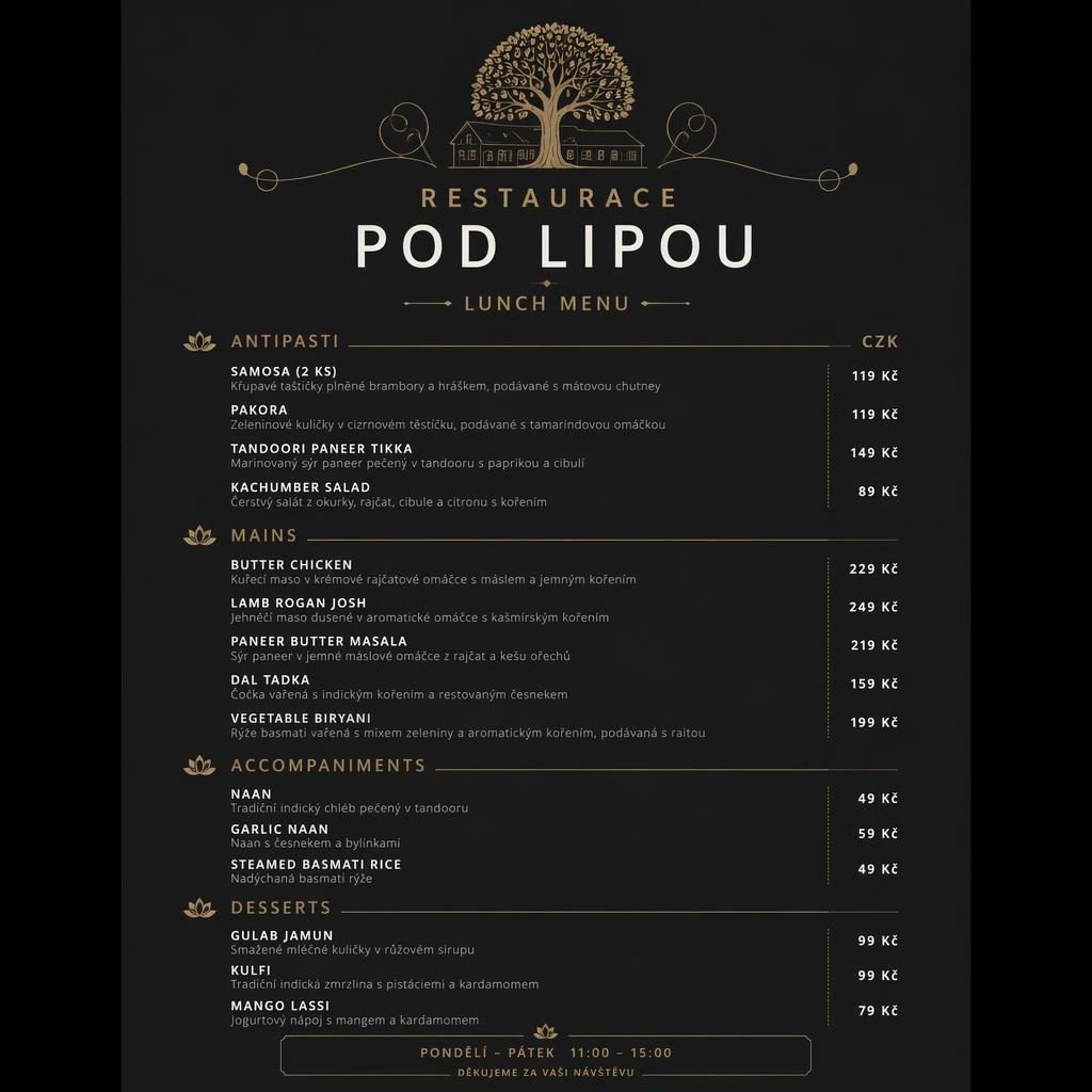 A4 jídelní lístek pro indickou restauraci v minimalistickém švýcarském stylu, tmavá paleta a sloupec cen