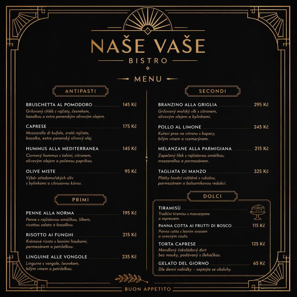 A4 dezertní menu v art deco stylu, černo-zlatá paleta, dekorativní záhlaví, názvy jídel a sloupec s cenami.