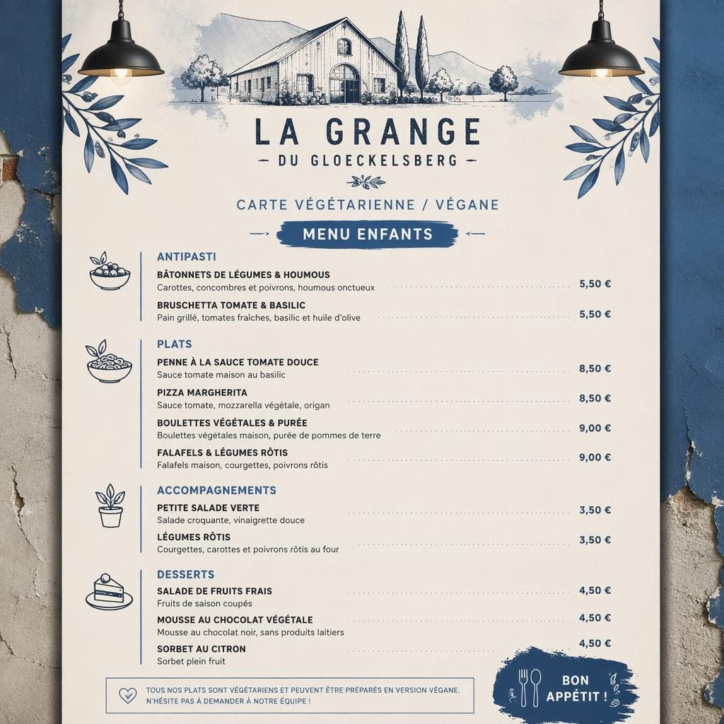 Carte enfant végétarienne et vegan A4 en style loft industriel, tons bleu méditerranéen et crème, avec rubriques et prix.