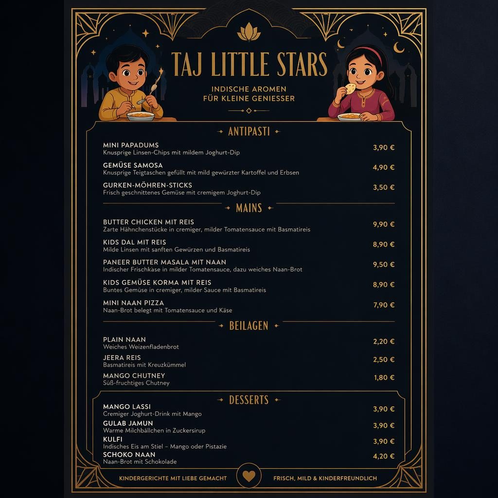 A4-Dessertkarte für ein indisches kinderfreundliches restaurant im Art-Déco-Stil, dunkel, mit Deko-Header und Preisen