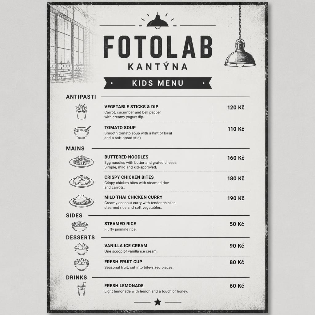 A4 jídelní lístek fotolab kantýna pro dětské thajské menu, industriální loft, monochromní design a ceny