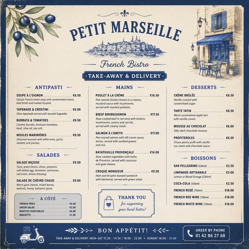A4 portrait French bistro takeaway menu sample with rustic warm styling, blue and cream palette, sections, dishes, prices.