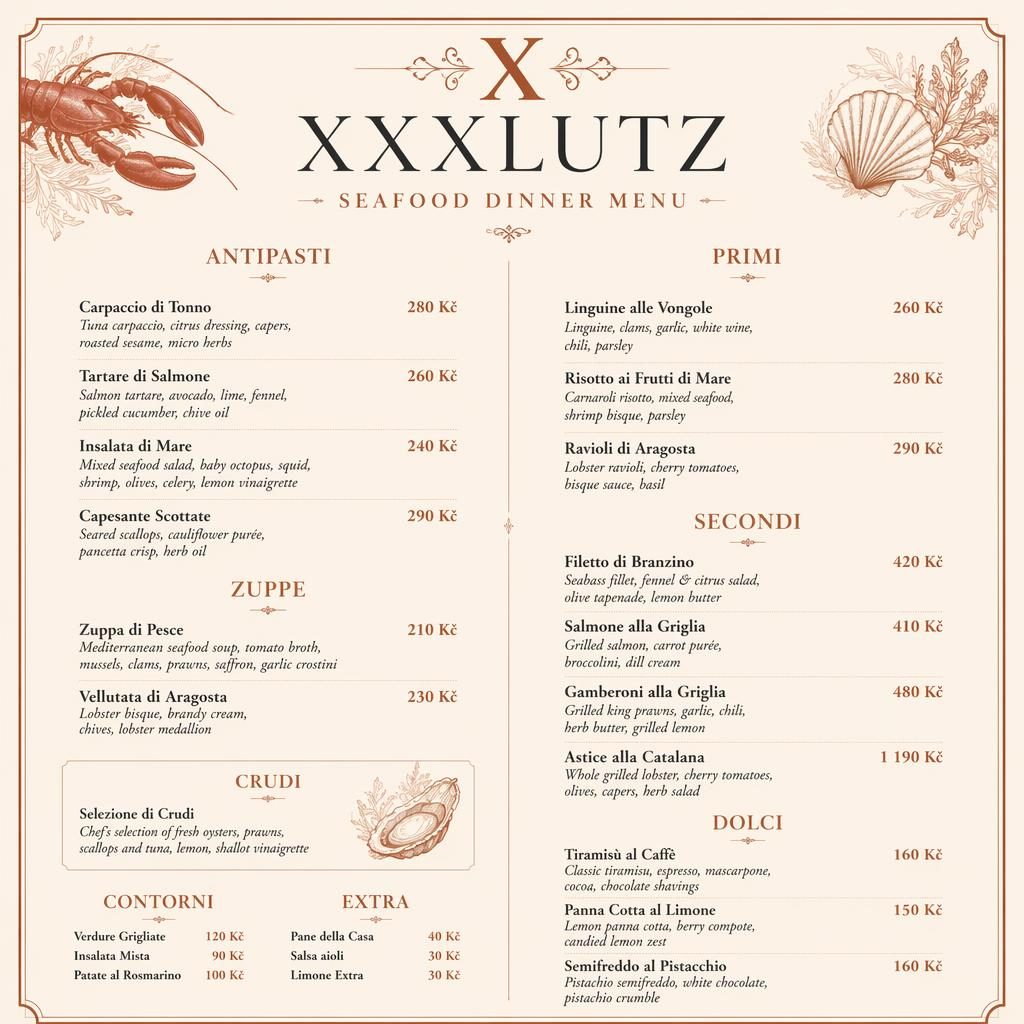A4 jídelní lístek pro večeři v luxusním stylu, krémovo-rezavá paleta, sekce, zástupný text jídel a ceny.