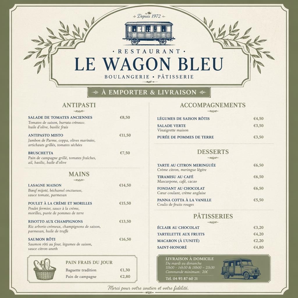 Carte menu A4 portrait pour restaurant le wagon bleu, style rustique chaleureux sauge et ivoire, avec rubriques, plats et prix.