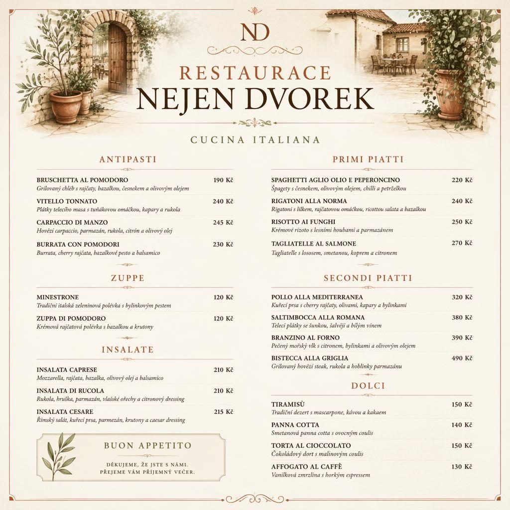 A4 menu karta pro restaurace nejen dvorek v luxusním italském stylu, teplé zemité tóny, sekce jídel a sloupec cen.