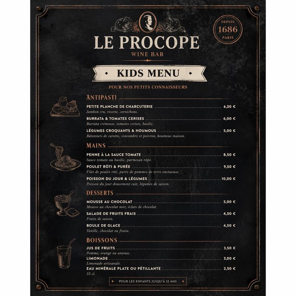 Carte de menu enfant A4 en portrait, style loft industriel sombre, avec en-tête décoratif, sections et colonne de prix.