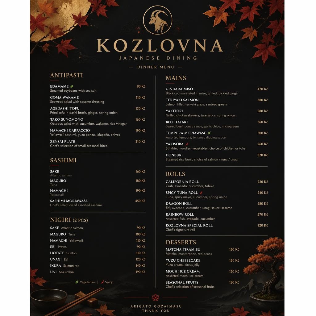 Luxusní A4 menu karta pro sushi restauraci s dekorativní hlavičkou, sekcemi, názvy jídel a sloupcem cen.