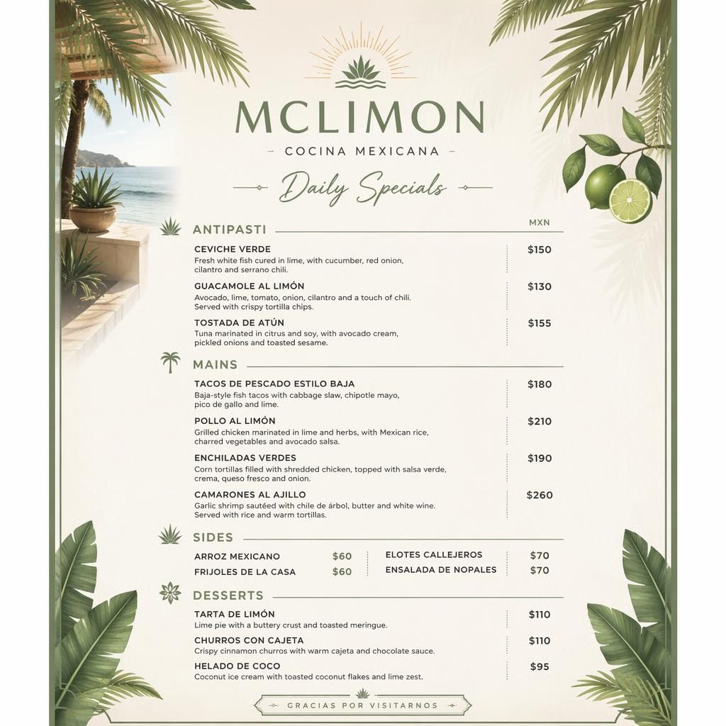 A4 jídelní lístek mclimon menu v mexickém stylu, tropický resort design v odstínech šalvějové a slonové kosti.