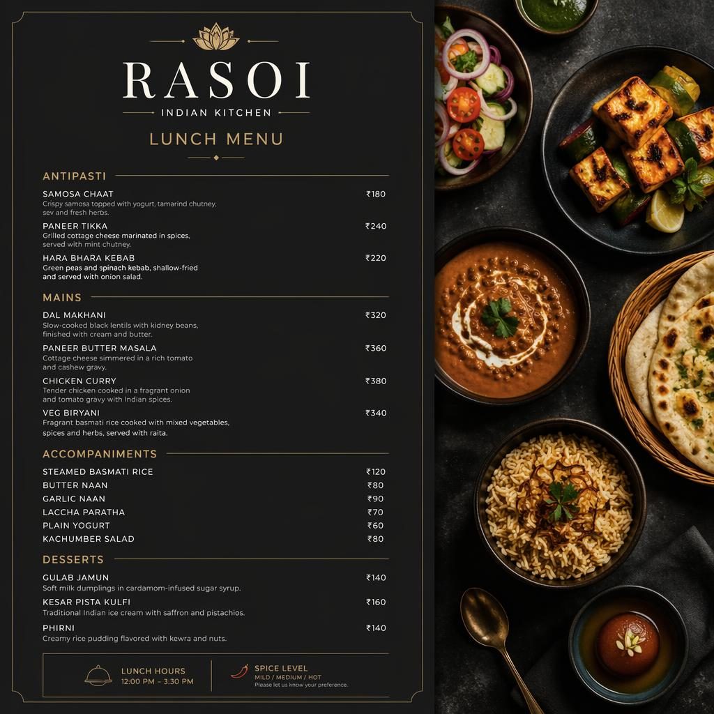 A4 portrait Indian lunch menu card with minimalist Swiss layout, dark moody palette, placeholder headings, dishes, and prices