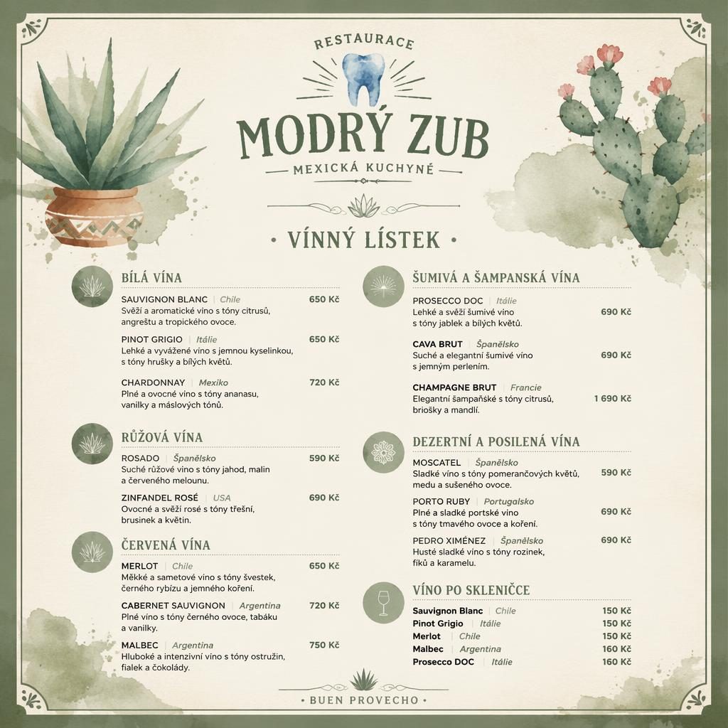 A4 vinný lístek pro restaurace modrý zub v akvarelovém stylu, paleta šalvějová a slonová kost, dekorativní záhlaví