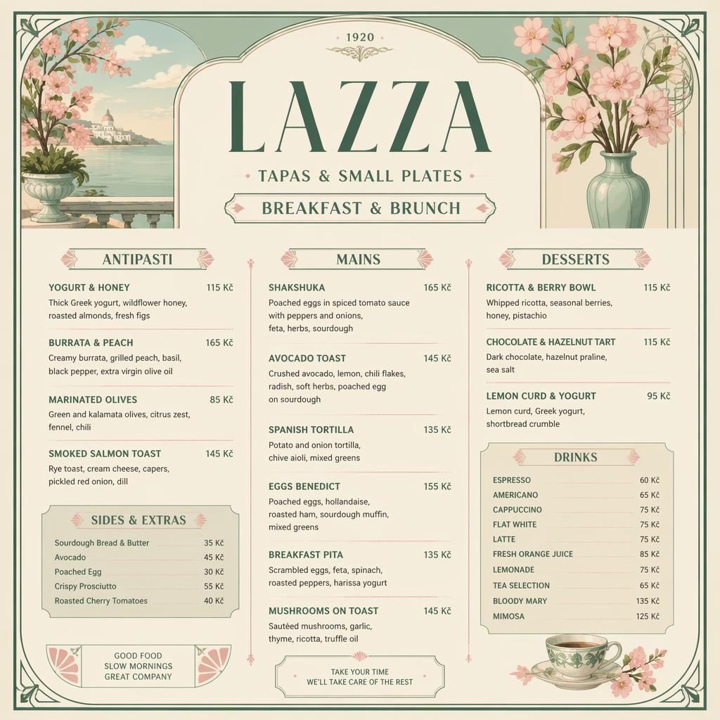 A4 portrétní menu karta lazza menu ve stylu 20. let, jarní paleta, dekorativní hlavička, sekce jídel a sloupec cen.