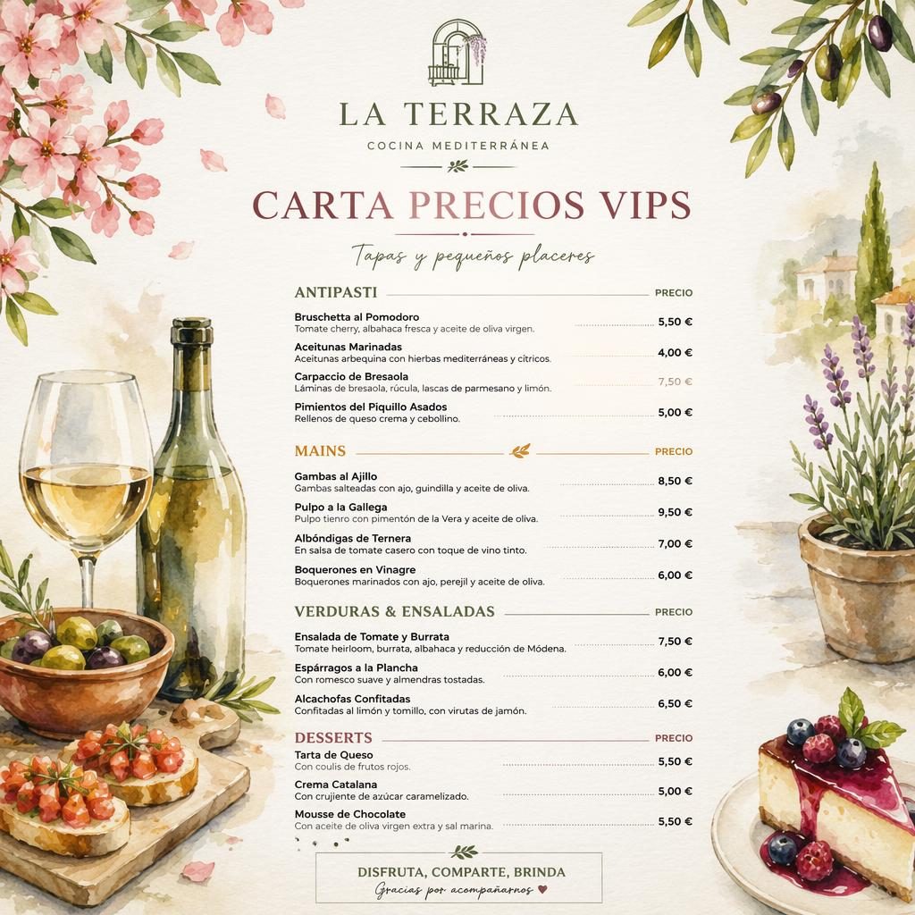 Tarjeta de menú A4 vertical con lista de vinos, encabezado decorativo, tipografía de secciones y precios en estilo acuarela.