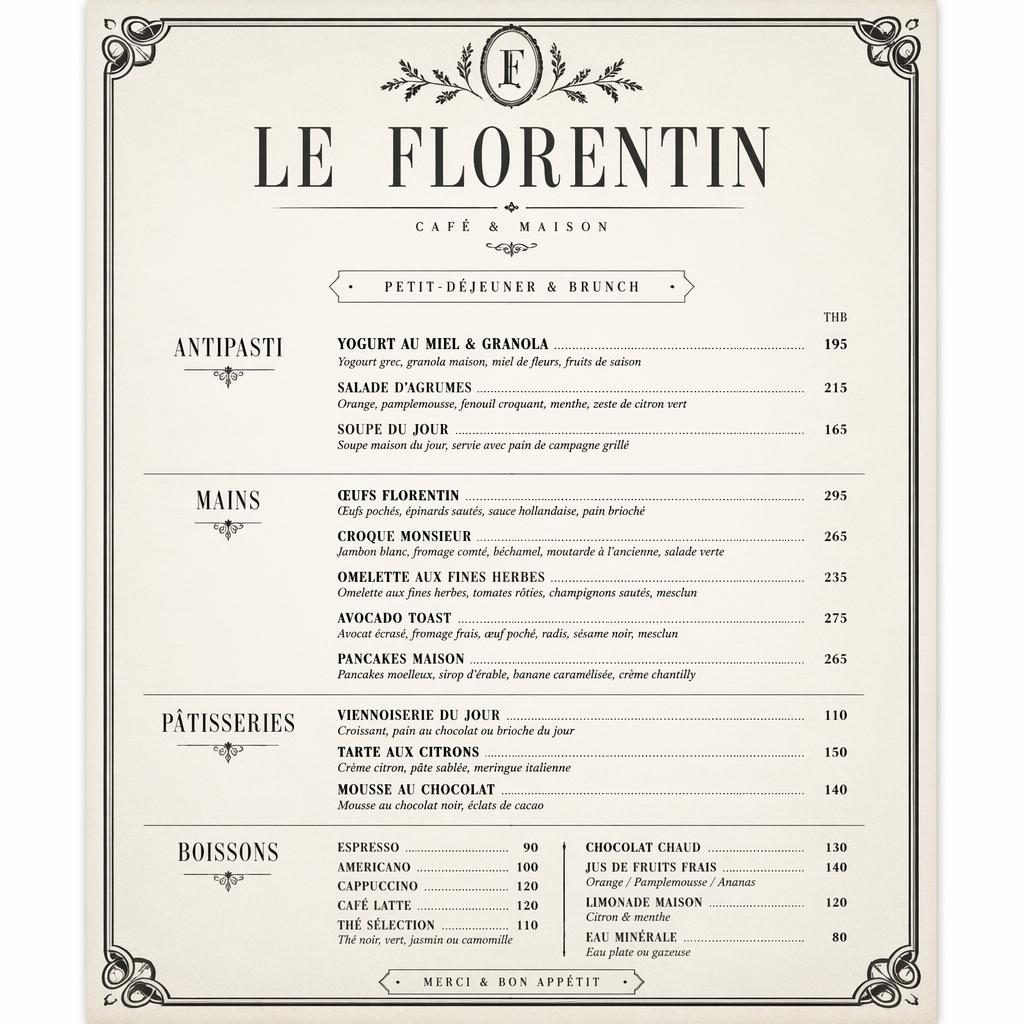 Carte de menu thaï brunch A4 en noir et blanc, style années 1920, avec en-tête décoratif, rubriques et colonne de prix.