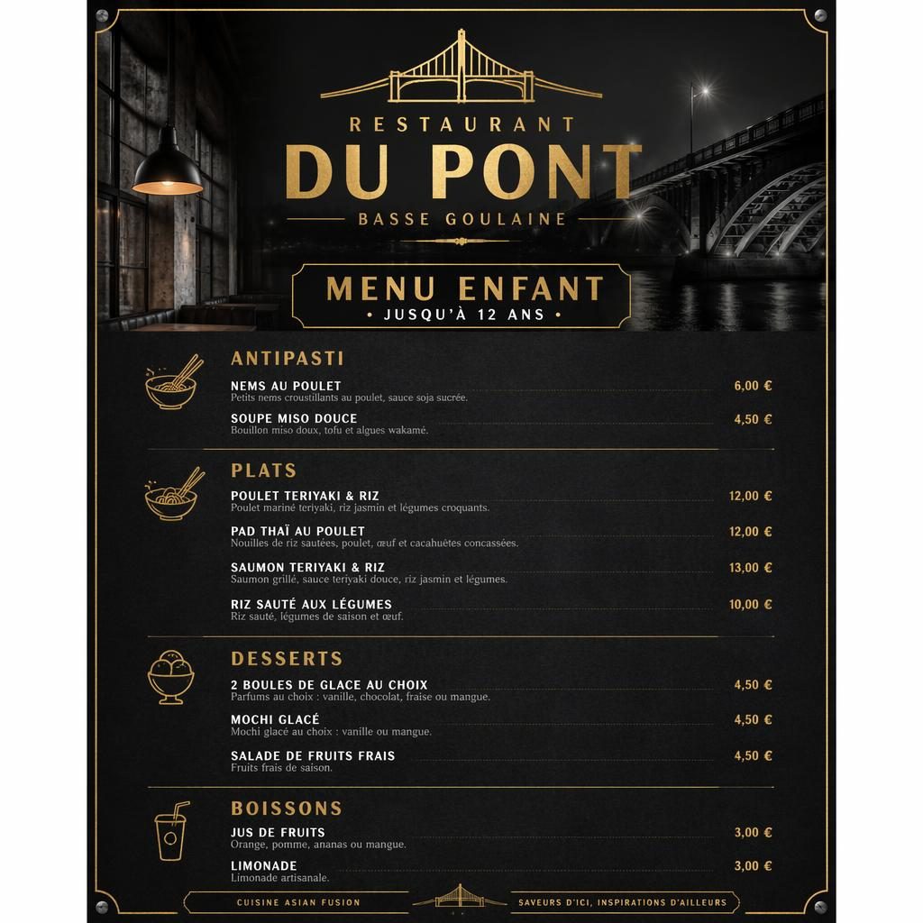 Carte de menu enfant A4 en portrait pour restaurant asiatique fusion, style loft industriel noir et or, avec rubriques, plats et prix.