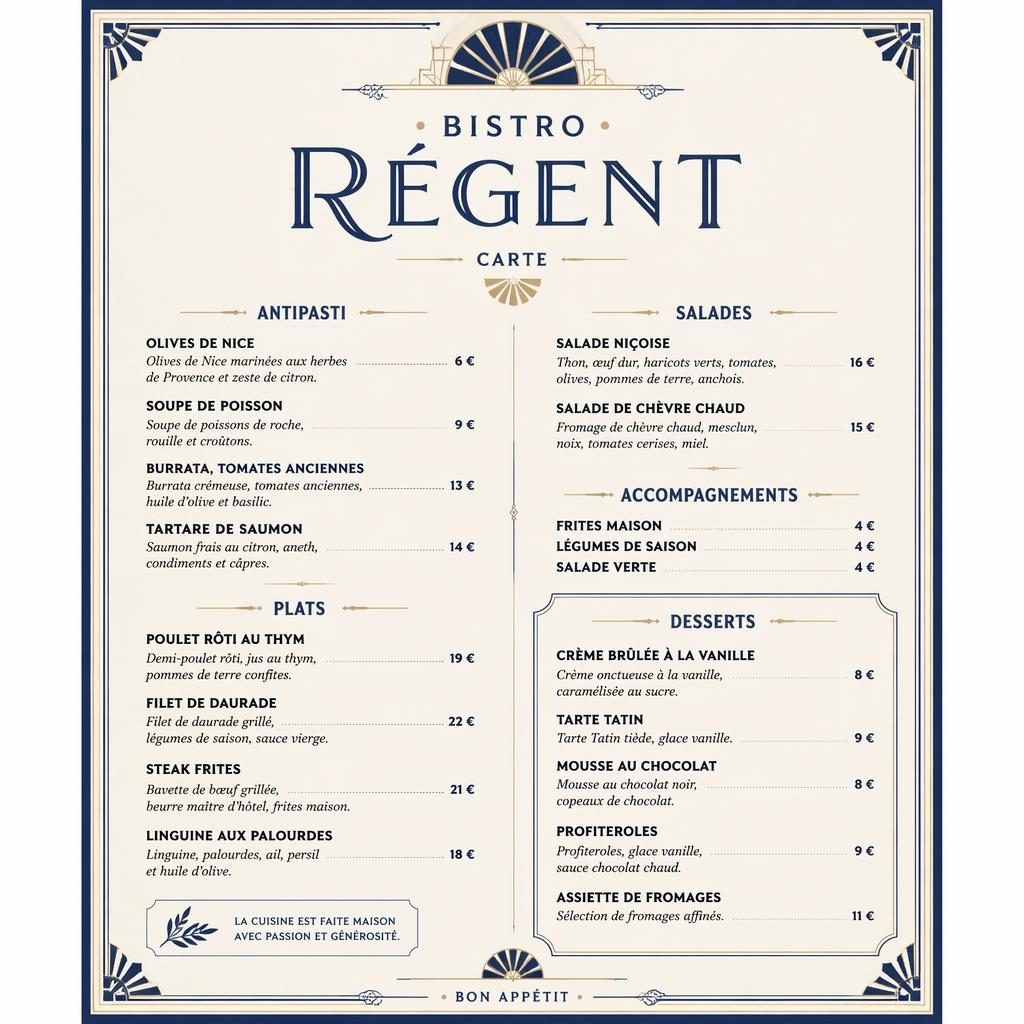 Carte de desserts A4 pour bistrot français, style art déco bleu méditerranéen et crème, avec en-tête décoratif et colonne de prix.