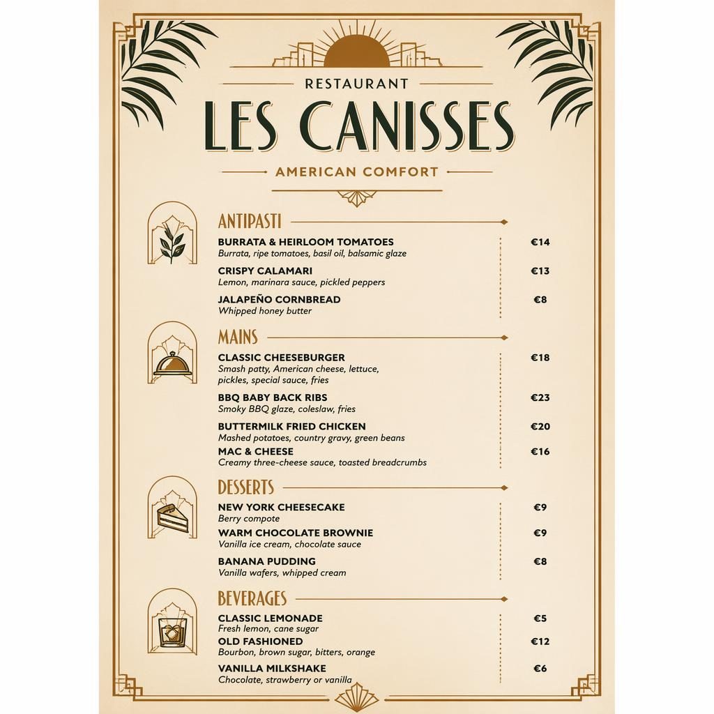 Carte de menu dessert A4 en portrait, style art déco, tons terre chauds, en-tête décoratif, typographie factice et colonne de prix.