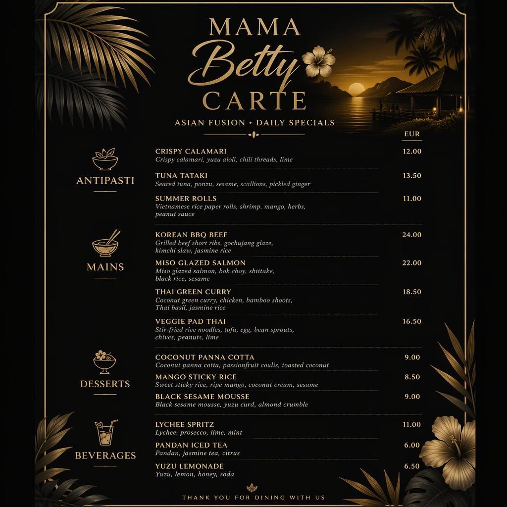Carte de menu A4 portrait mama betty carte, style resort tropical noir et or, rubriques, plats, descriptions et prix.
