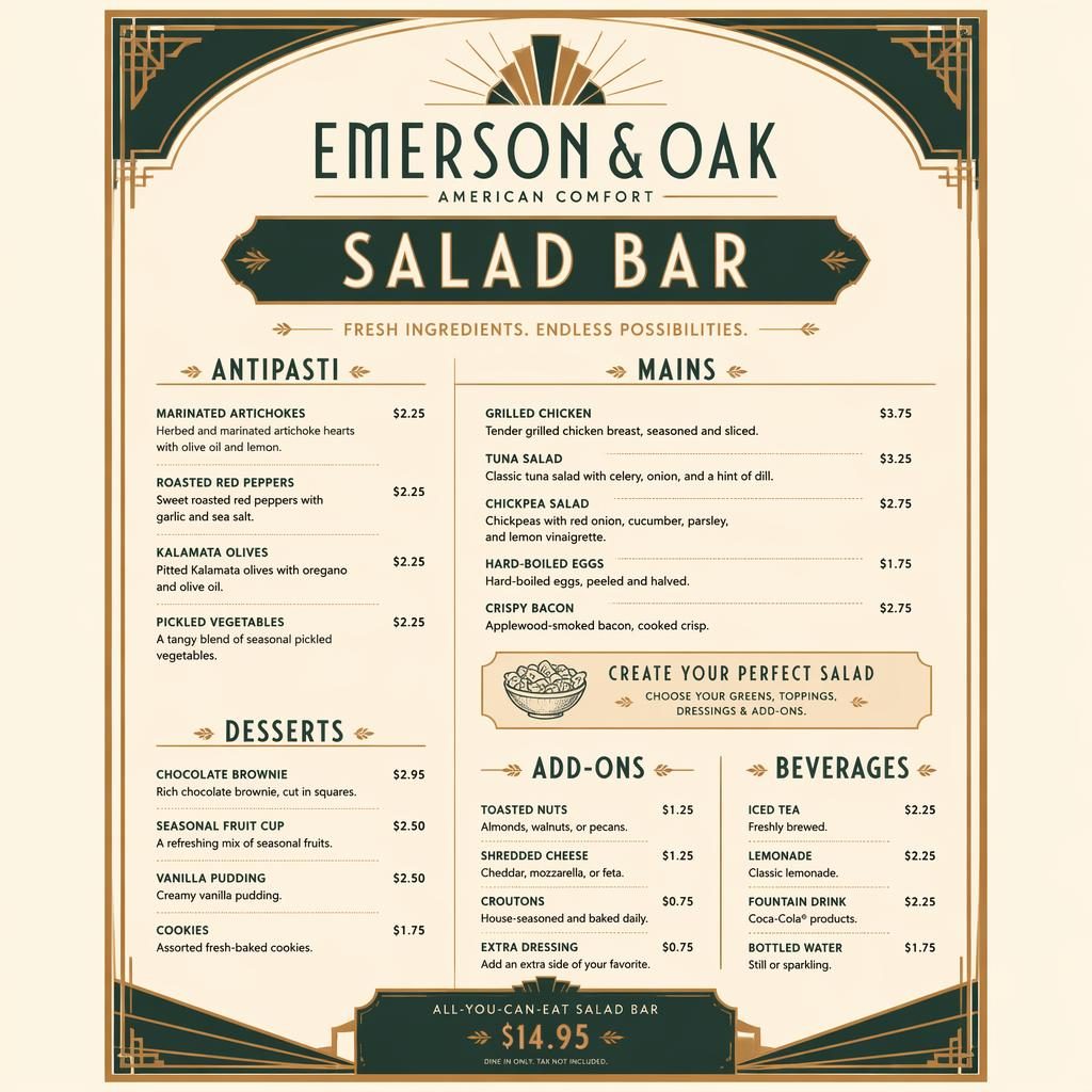 A4 portrait dessert menu card in art deco style with warm earth tones, decorative header, placeholder dishes and price column.
