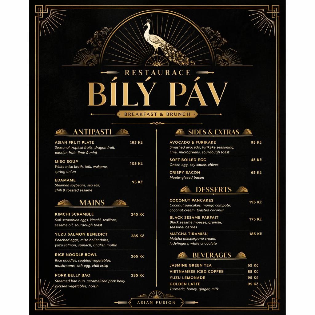 A4 menu karta pro restaurace bílý páv, brunch, vintage styl 20. let, černo-zlatá paleta, dekorativní záhlaví a ceny