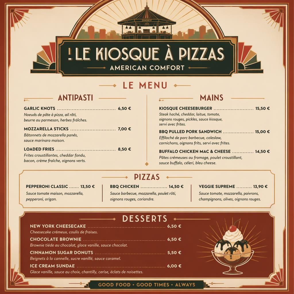 Carte de desserts A4 en style art déco, tons terre chauds, en-tête décoratif, typographie fictive et colonne de prix.
