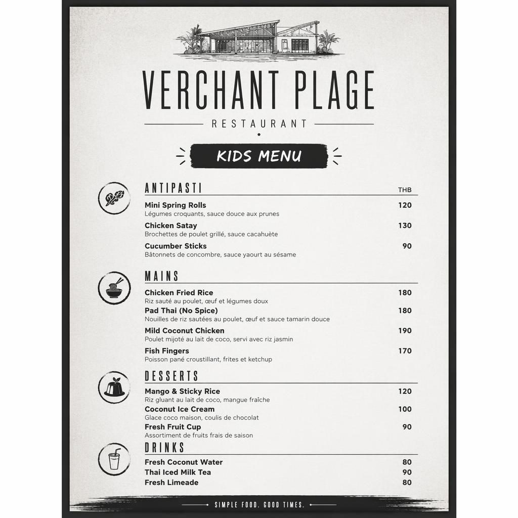 Carte de menu enfant thaï en format A4 portrait, style loft industriel monochrome, avec en-tête décoratif et colonne de prix.