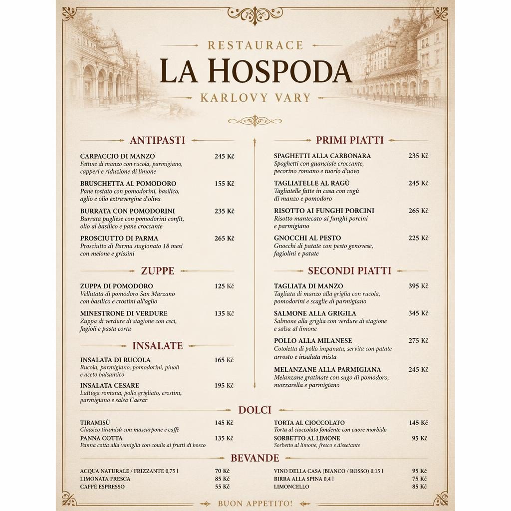 A4 menu karta italské restaurace v luxusním stylu, teplé zemité tóny, dekorativní záhlaví, sekce jídel a sloupec s cenami.