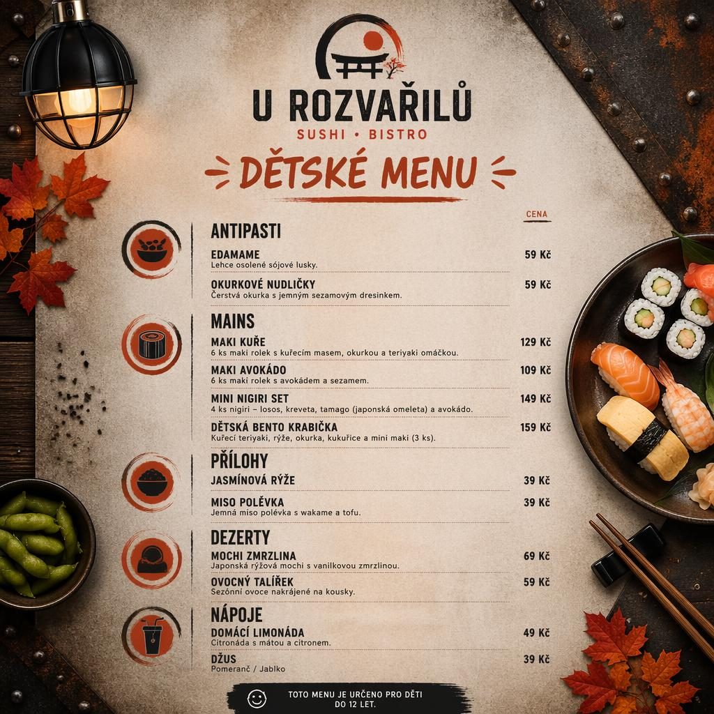 A4 jídelní lístek pro děti se sushi, industriální loft styl, podzimní paleta, sekce, ceny a dekorativní záhlaví