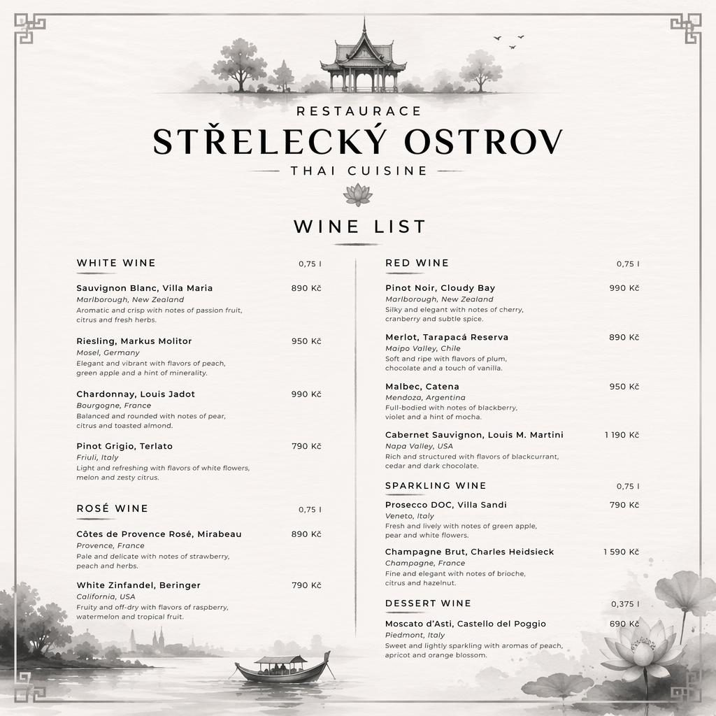 Akvarelový vinný lístek A4 na výšku pro restaurace střelecký ostrov v monochromním minimalistickém stylu.