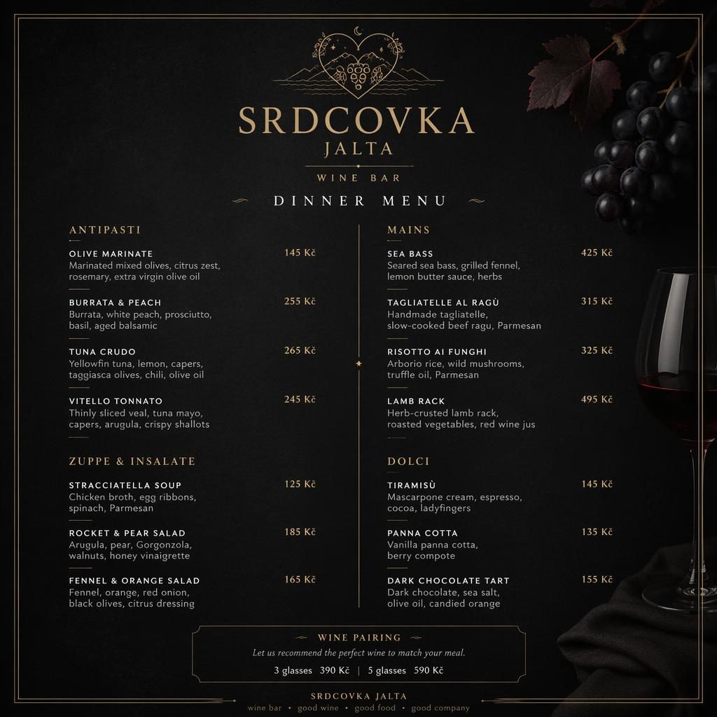 Luxusní menu karta A4 pro wine bar srdcovka jalta v tmavé fine dining estetice s dekorativní hlavičkou a cenami.
