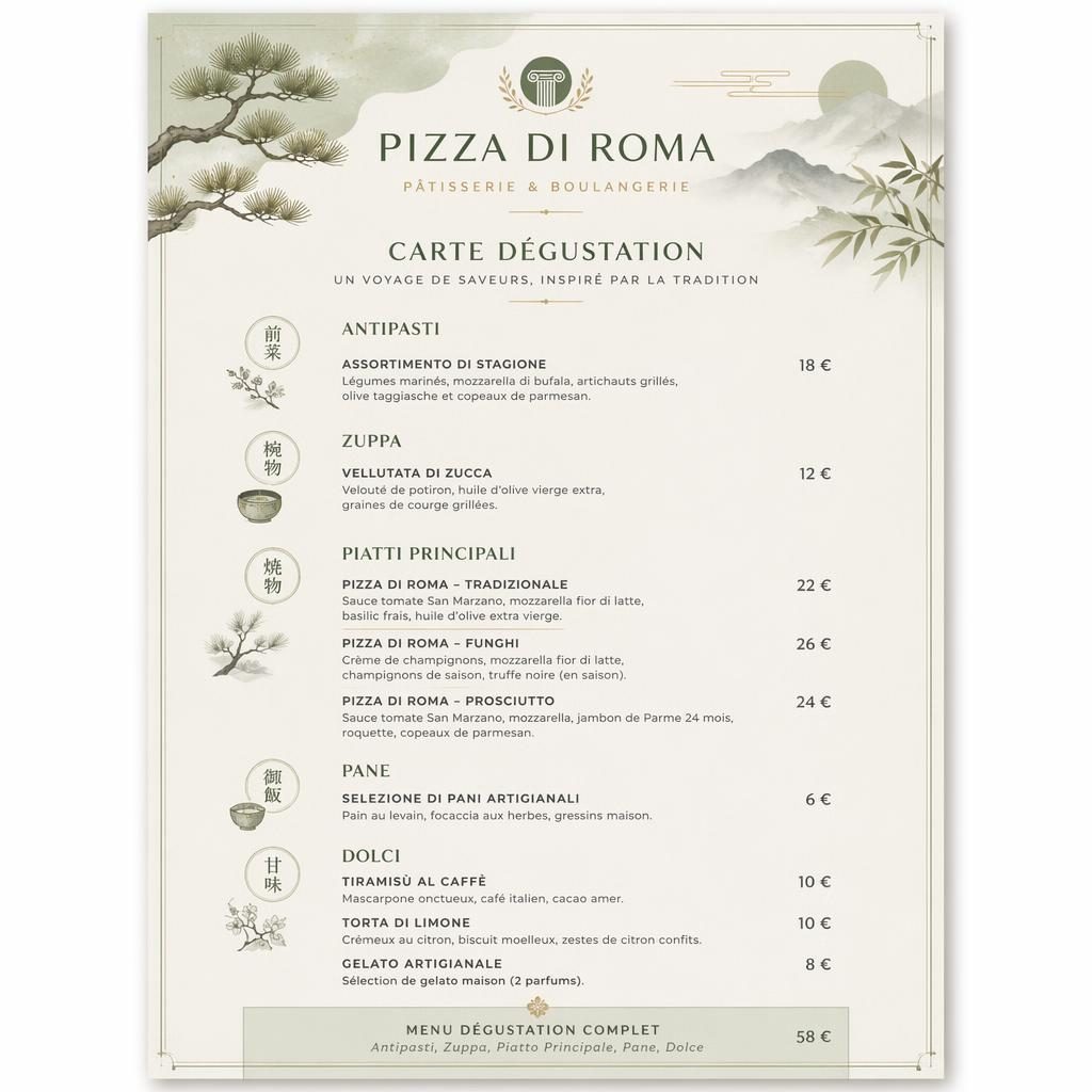 Carte de menu A4 portrait pizza di roma, style kaiseki japonais, tons sauge et ivoire, rubriques, plats et colonne de prix.