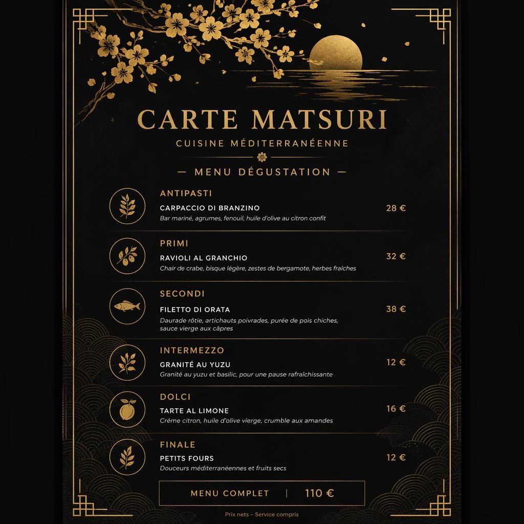 Menu dégustation A4 portrait carte matsuri, style kaiseki noir et or, en-tête décoratif, rubriques, plats et prix.