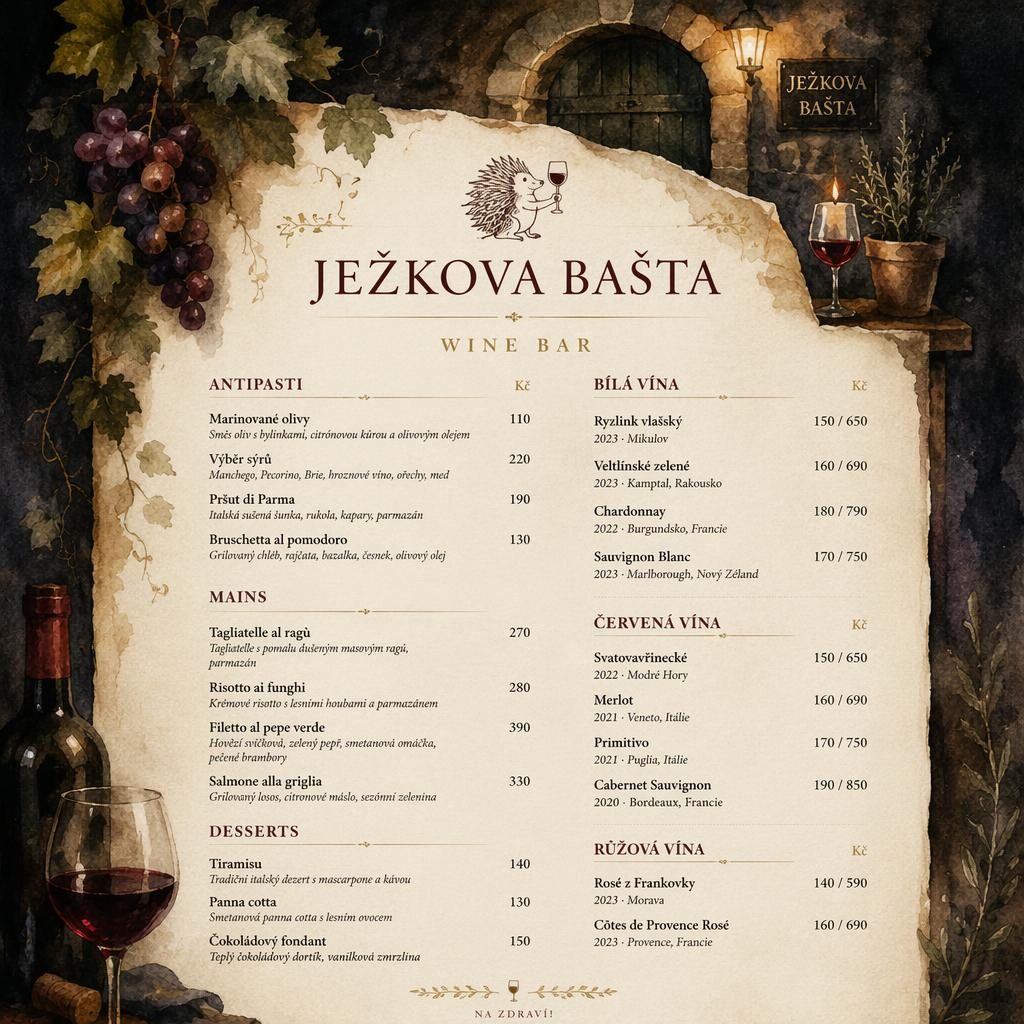 A4 menu karta vinného baru Ježkova bašta, akvarelový tmavý design, dekorativní hlavička, sekce a sloupec cen.
