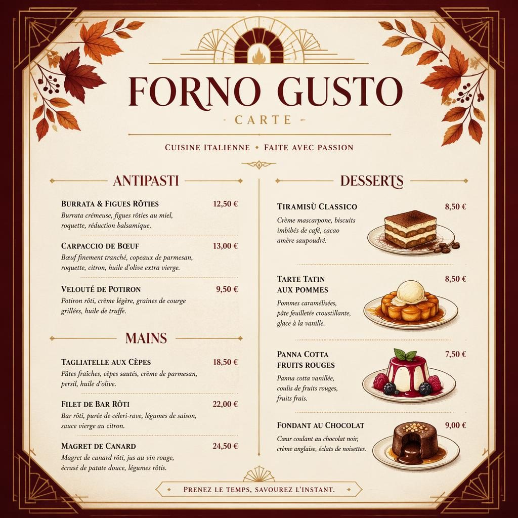 Carte de desserts A4 en style art déco, palette automnale riche, en-tête décoratif, typographie de menu et colonne de prix.