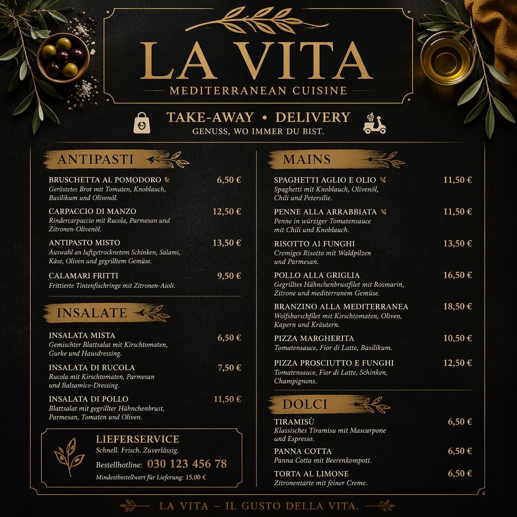 A4-Menükarte für Restaurant La Vita in Schwarz und Gold, rustikal-warm mit Abschnitten, Platzhaltertext und Preisspalte