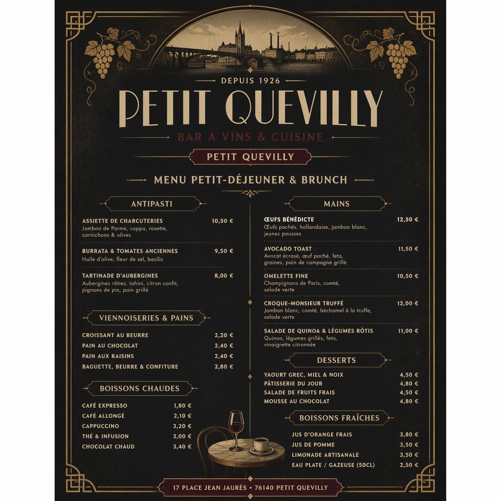 Carte de menu A4 portrait style années 1920, palette sombre, en-tête décoratif, sections brunch et colonne de prix.