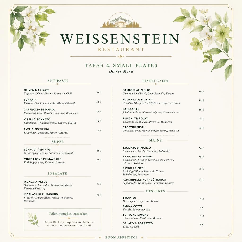 A4-Menükarte im Hochformat für weissenstein restaurant, Fine-Dining-Layout mit Frühlingsfarben, Rubriken und Preisspalte