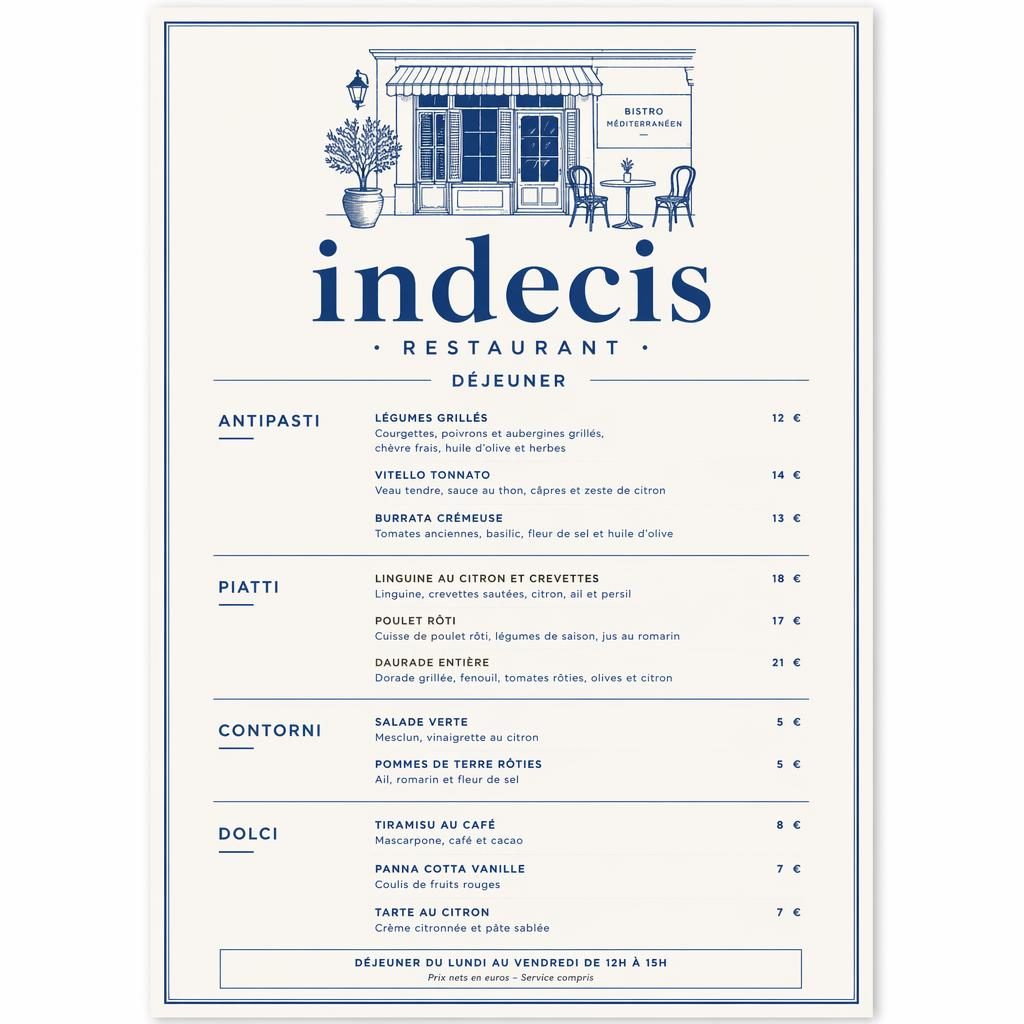 Carte de déjeuner A4 en portrait pour indecis restaurant, style suisse minimaliste bleu méditerranéen et crème.