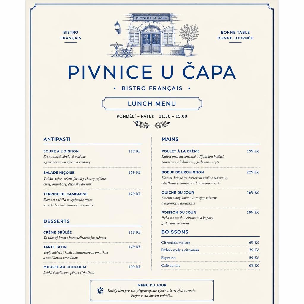 Tisková karta obědového menu Pivnice u capa ve formátu A4, minimalistický švýcarský styl, modro-krémová paleta.