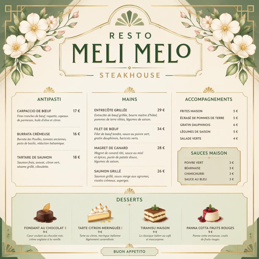 Carte de desserts A4 portrait style art déco, palette printanière, en-tête décoratif, colonnes de prix et typographie de menu