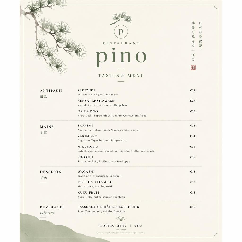 A4-Menükarte für restaurant pino im japanischen Kaiseki-Stil, Salbei-Ivory, dekorativer Kopf, Platzhaltertexte und Preise.