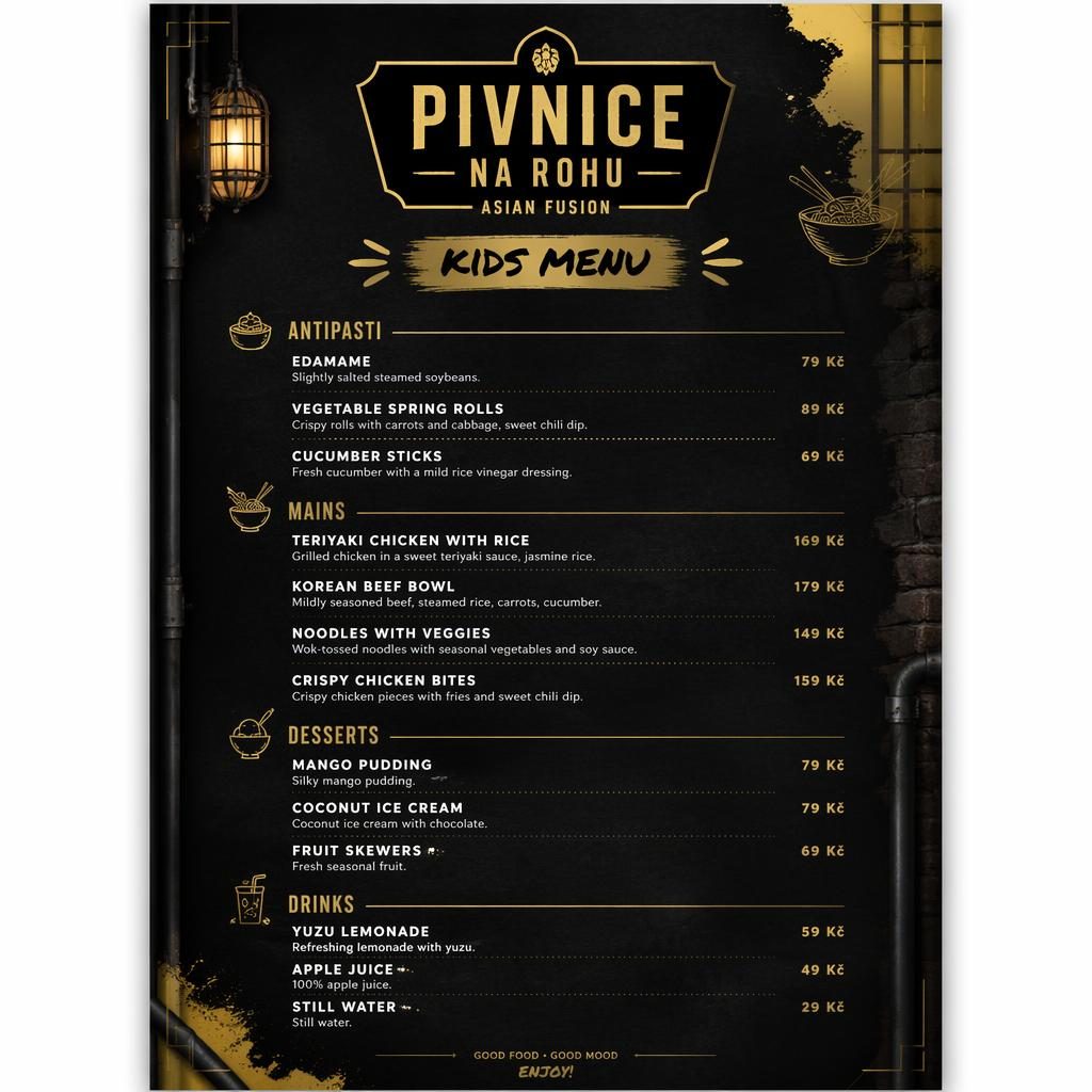 A4 menu karta pro děti pro pivnice na rohu, industriální loft, černo-zlatá paleta, dekorativní hlavička a ceny.