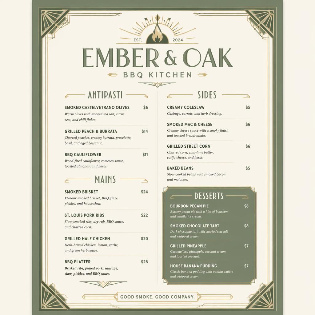 A4 portrait dessert menu card with an art deco layout in sage and ivory, decorative header, placeholder dish names, and prices.