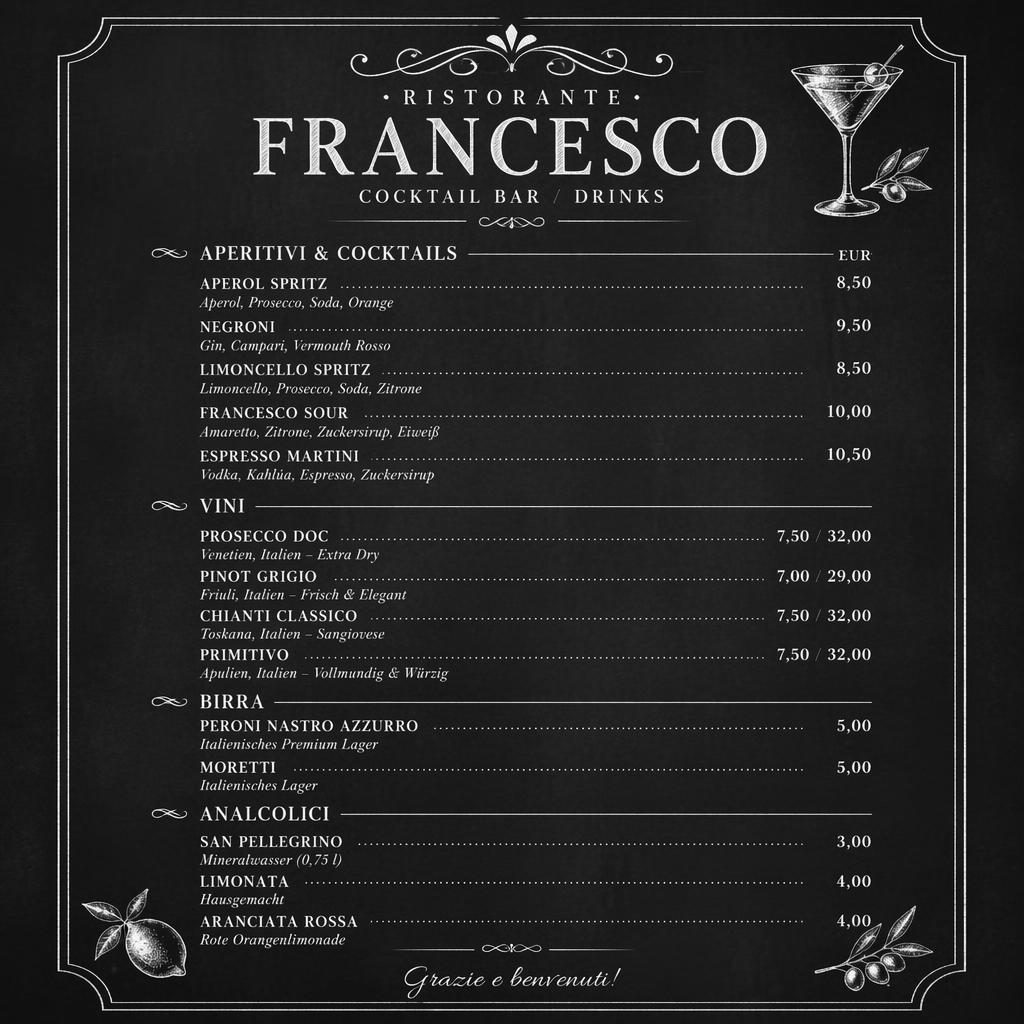 A4-Getränkekarte für ristorante francesco im Chalkboard-Stil, monochrom mit dekorativem Header und Preisspalte.