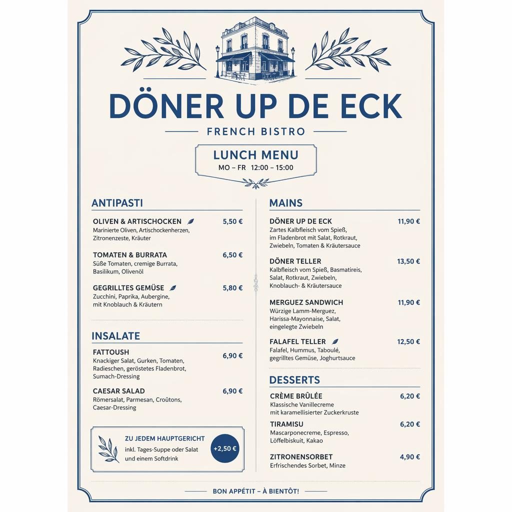 A4-Menükarte für döner up de eck im minimalistischen Swiss-Design in Blau und Creme mit Preisleiste