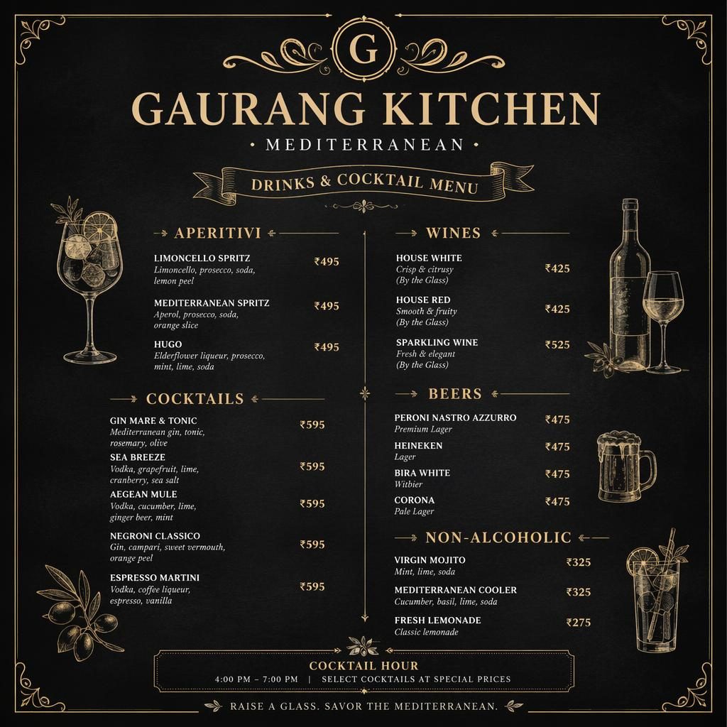 A4 portrait cocktail menu card for Gaurang Kitchen with chalkboard cafe styling, black and gold palette, header, sections, and prices.