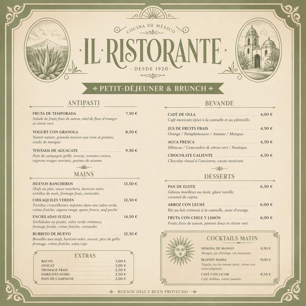 Carte de menu brunch mexicain en format A4 portrait, style vintage années 1920, palette sauge et ivoire, en-tête décoratif.