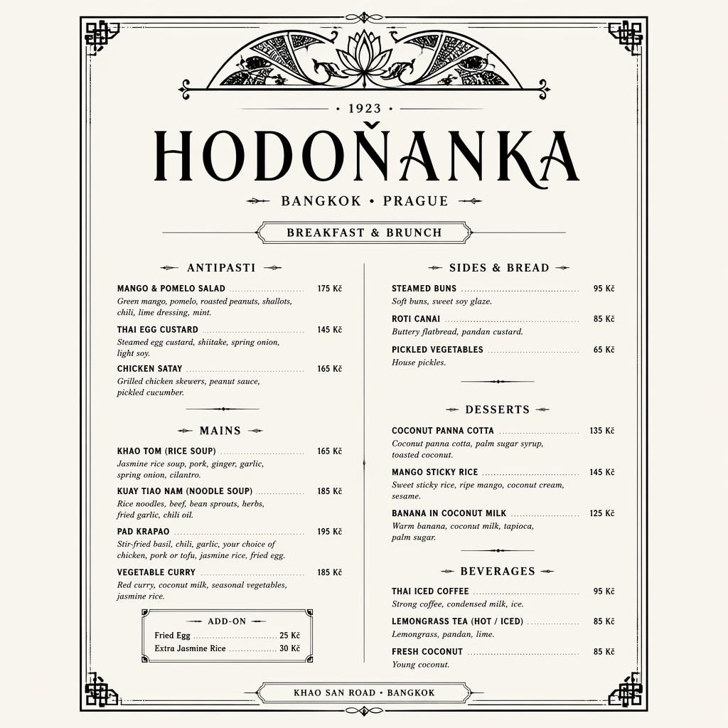 A4 menu karta na výšku pro hodoňanka menu v thajském stylu, vintage 20. léta, monochrom, sekce a sloupec cen