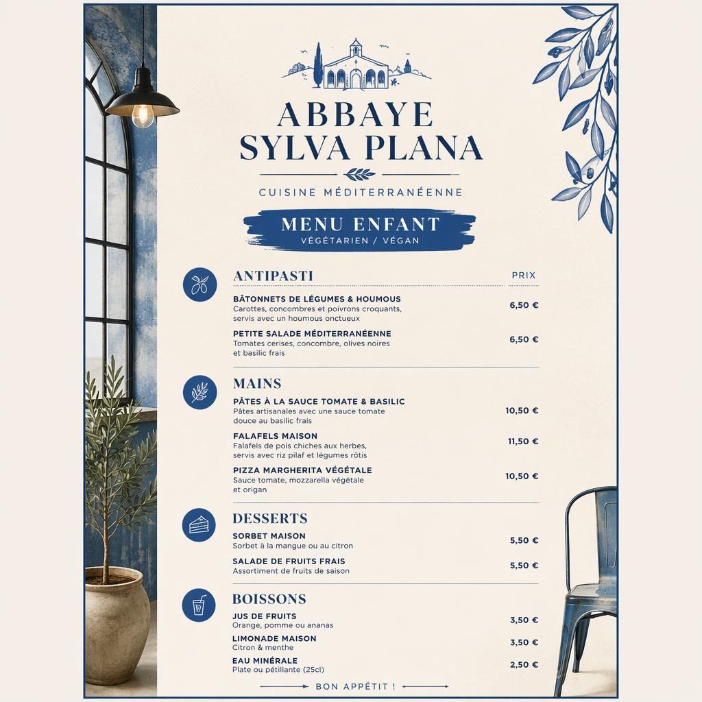 Carte de menu enfant végétarien et vegan A4, style loft industriel bleu méditerranéen et crème, avec rubriques et prix.